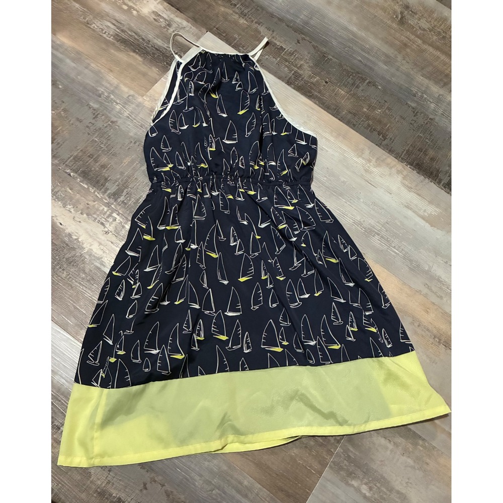 YA Los Angeles Navy Blue Sailboat Print Halter Neck Dress Lime Yellow Hem L